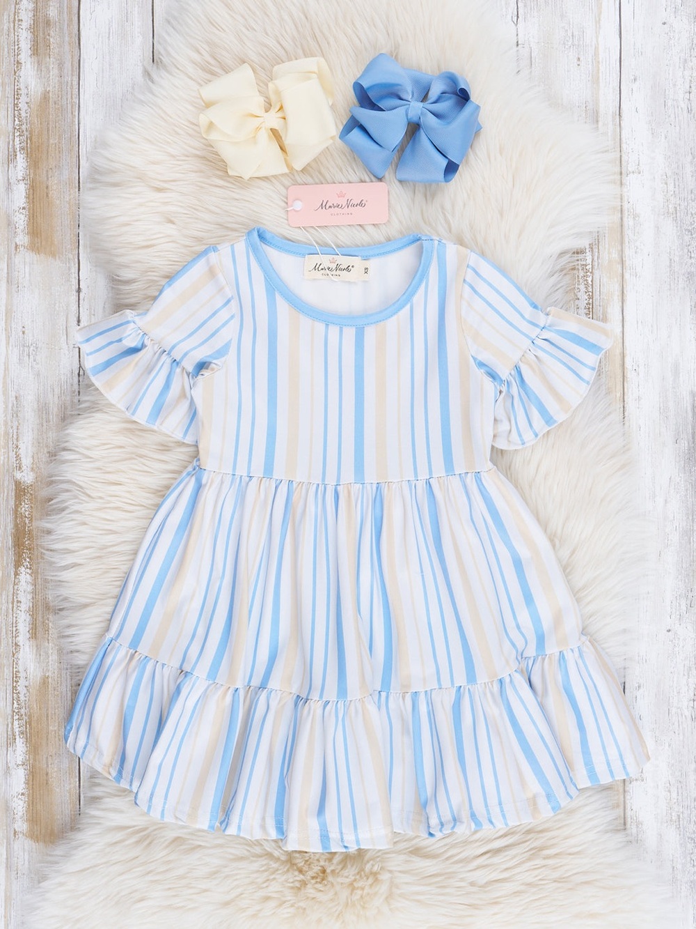 NWT Marie Nicole Blue & Cream Striped Ruffle Sleeve Kids Dress size 3T